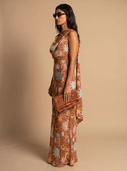 Cowl Neck Halter Maxi Dress Detachable Scarf Celestial Print