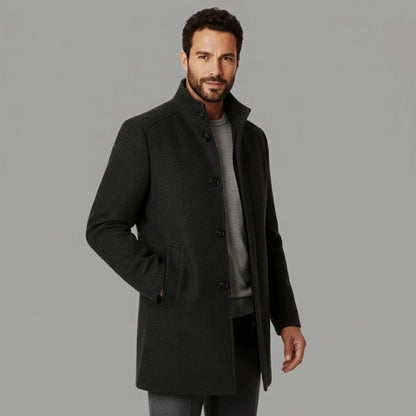 Men's Wool Coat – Black Stand Collar Overcoat