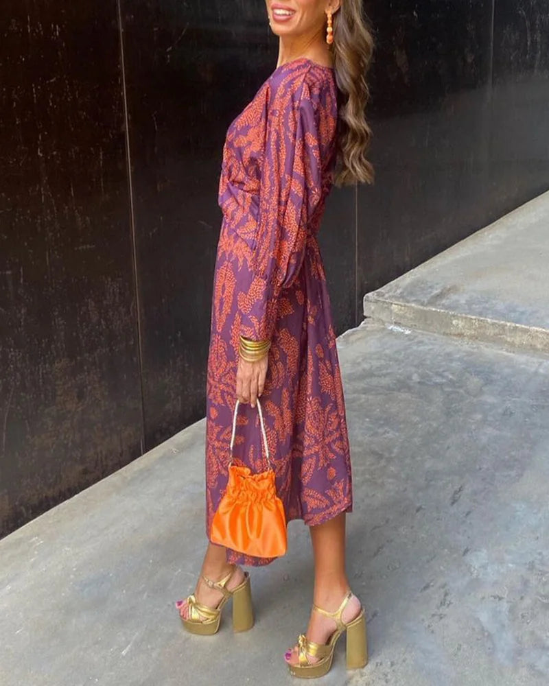 Printed Twist Front Long Sleeve Midi Dress