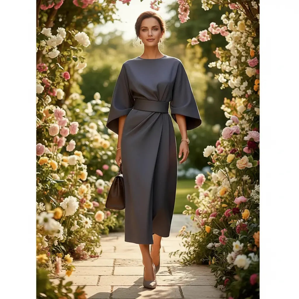 Belted Midi Dress with Lantern Sleeves