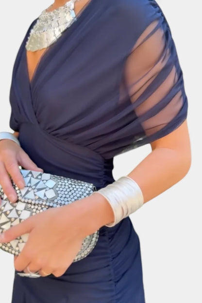 Off Shoulder Midi Dress Draped Wrap Bodice