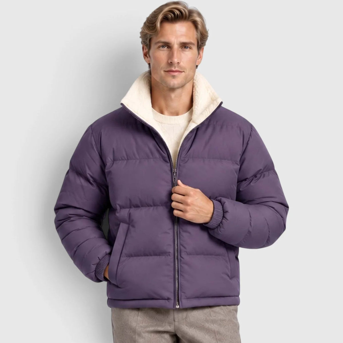Men's Reversible Puffer Jacket with Stand Collar
