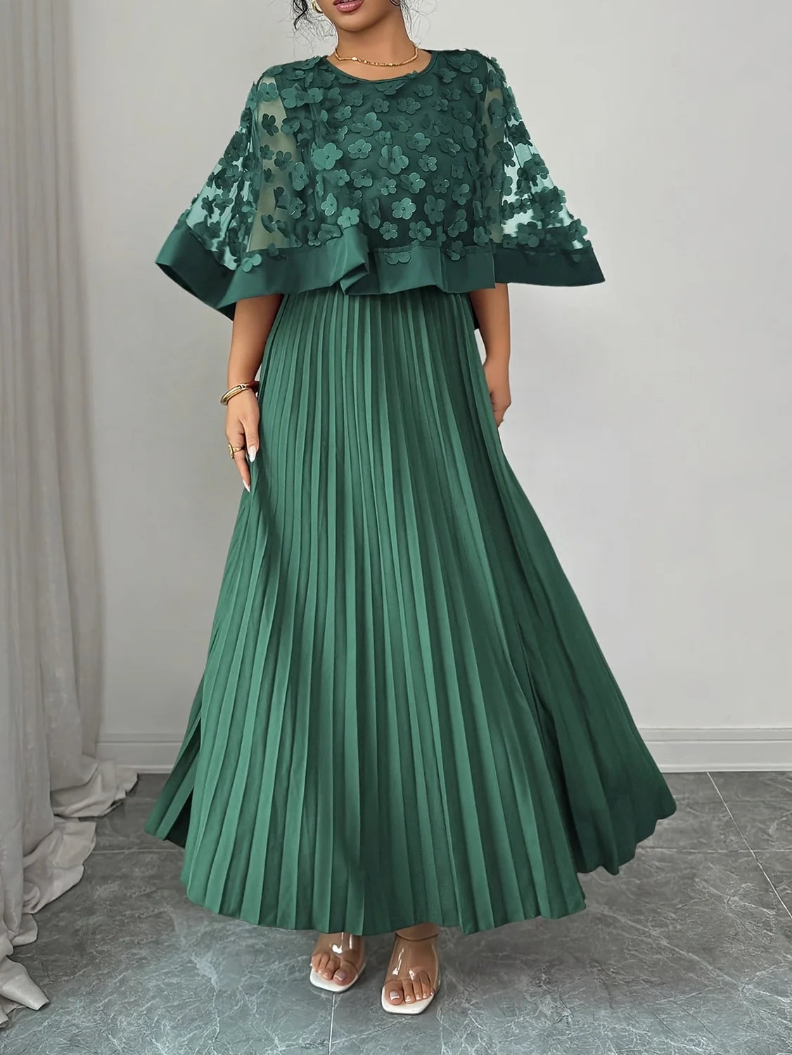 Maxi Dress 3D Floral Appliqué Pleated Wedding Guest
