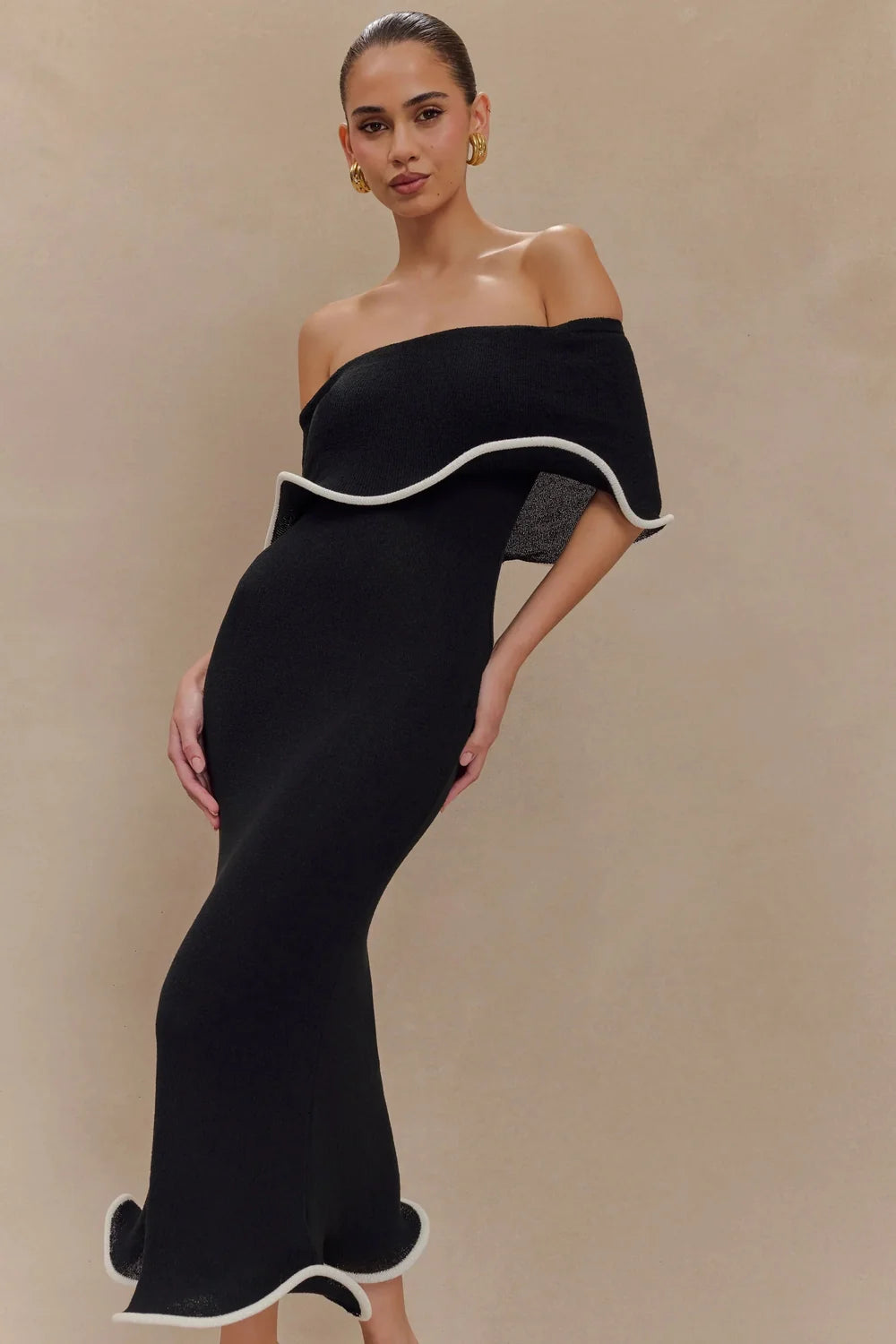 Sweater Dress – Black Off-Shoulder Midi
