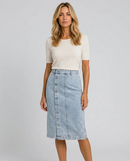 Button-Front Denim Midi Skirt