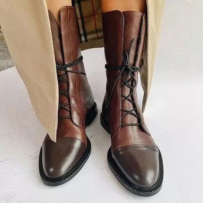 Lace-Up Cap Toe Combat Boots - Brown