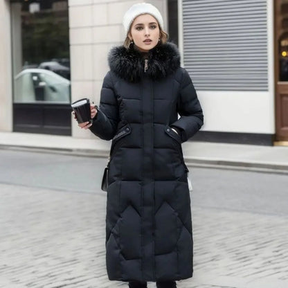 Long Hooded Puffer Coat – Faux Fur Trim