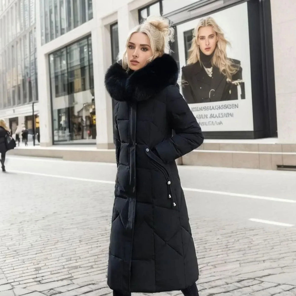 Long Hooded Puffer Coat – Faux Fur Trim