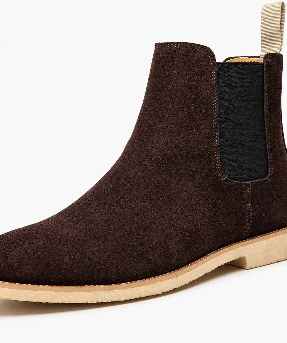 Men's Chelsea Boots – Black Suede Crepe Sole - Dark Brown detail