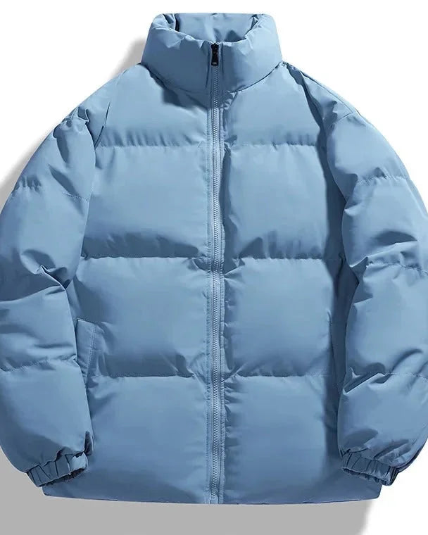 Men's Puffer Jacket – Black Boxy Stand Collar - Light Blue detail