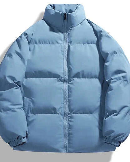 Men's Puffer Jacket – Black Boxy Stand Collar - Light Blue detail