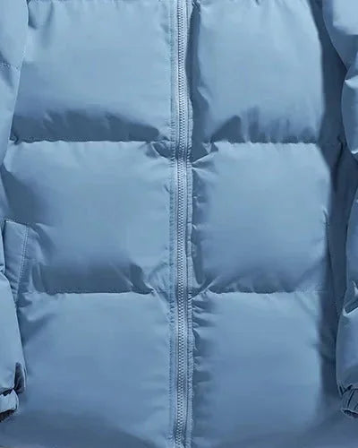 Men's Puffer Jacket – Black Boxy Stand Collar - Light Blue detail