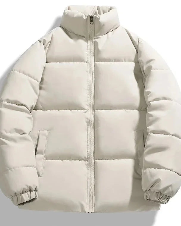 Men's Puffer Jacket – Black Boxy Stand Collar - Light Khaki detail