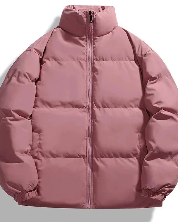 Men's Puffer Jacket – Black Boxy Stand Collar - Pink detail