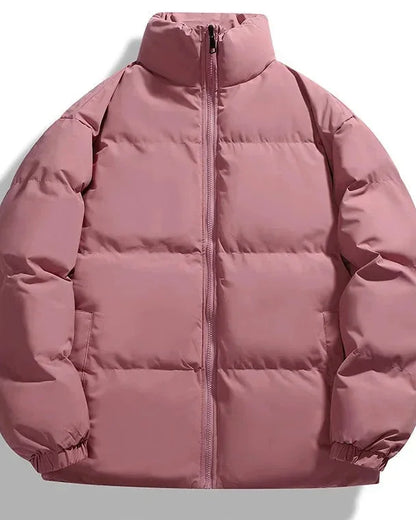 Men's Puffer Jacket – Black Boxy Stand Collar - Pink detail
