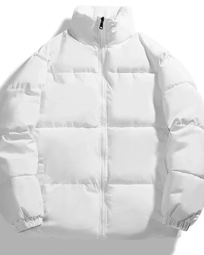 Men's Puffer Jacket – Black Boxy Stand Collar - White detail