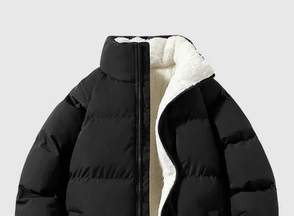 Men's Puffer Jacket – Black Fleece-Lined Stand Collar - Black detail