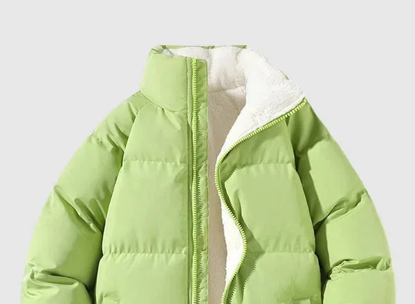 Men's Puffer Jacket – Black Fleece-Lined Stand Collar - Green detail