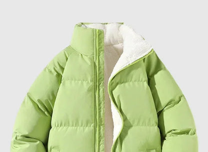 Men's Puffer Jacket – Black Fleece-Lined Stand Collar - Green detail