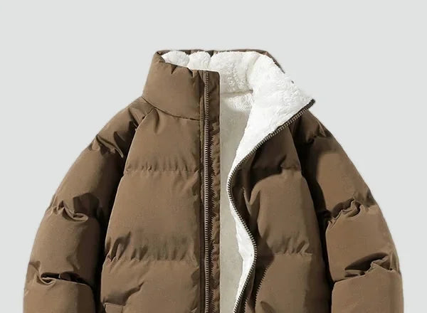 Men's Puffer Jacket – Black Fleece-Lined Stand Collar - Khaki detail