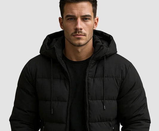 Men's Puffer Jacket – Black Hooded Side Pockets - Black detail