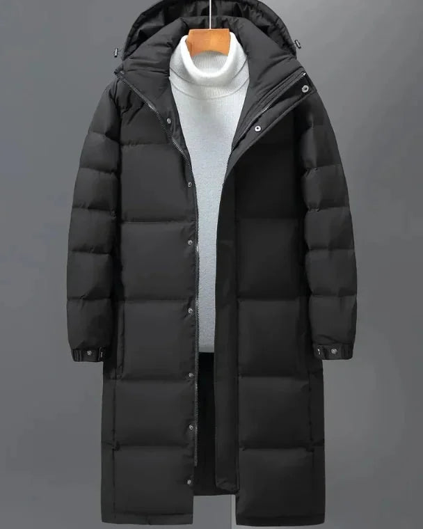 Men's Puffer Jacket – Black Longline Hooded - Black detail