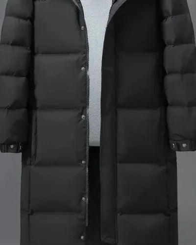 Men's Puffer Jacket – Black Longline Hooded - Black detail