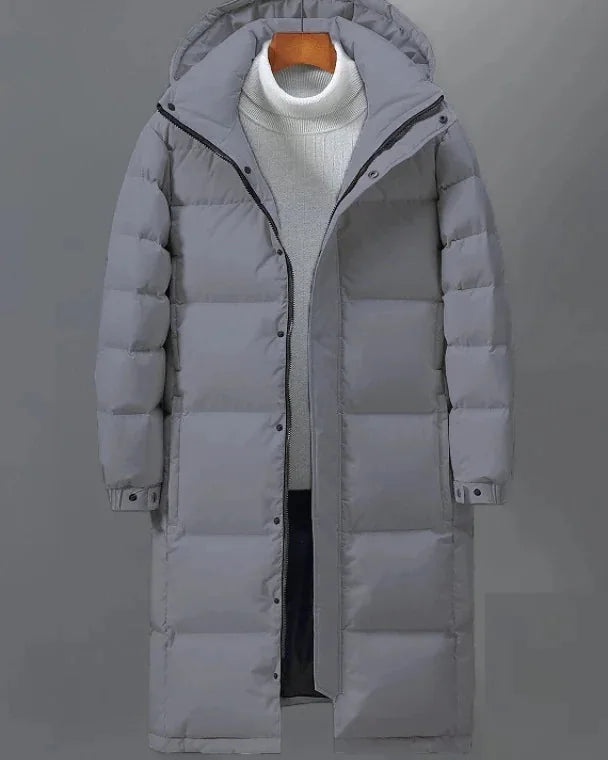 Men's Puffer Jacket – Black Longline Hooded - Grey detail