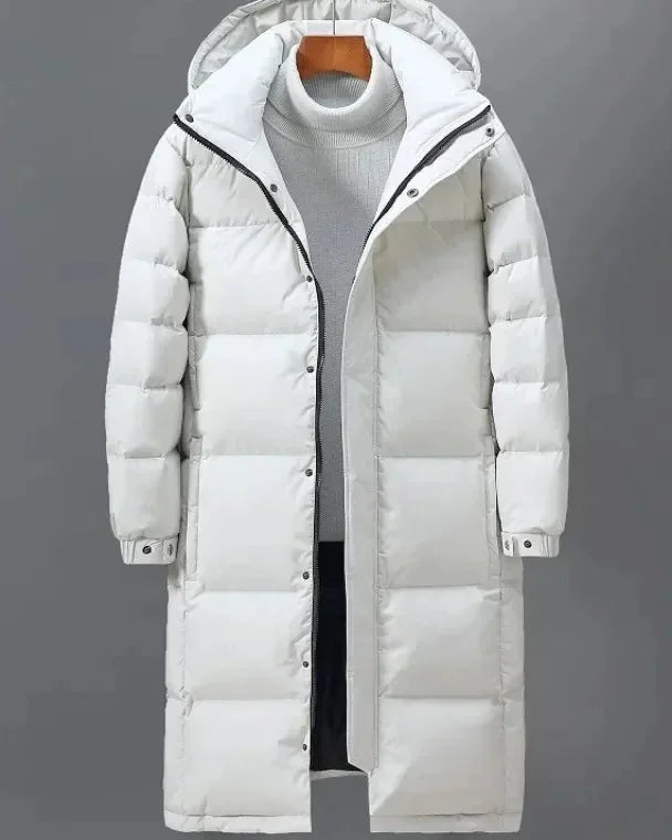 Men's Puffer Jacket – Black Longline Hooded - White detail