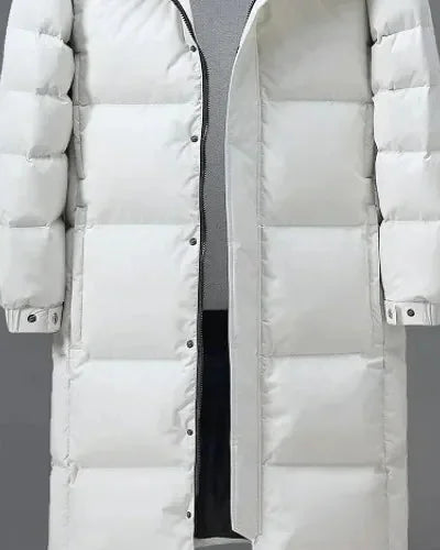 Men's Puffer Jacket – Black Longline Hooded - White detail