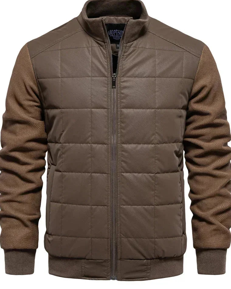 Men's Puffer Jacket – Black Quilted Stand Collar - Brown detail