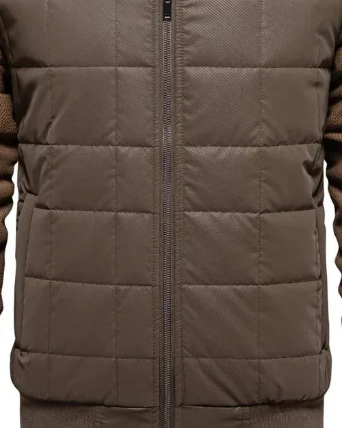 Men's Puffer Jacket – Black Quilted Stand Collar - Brown detail