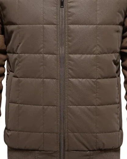 Men's Puffer Jacket – Black Quilted Stand Collar - Brown detail