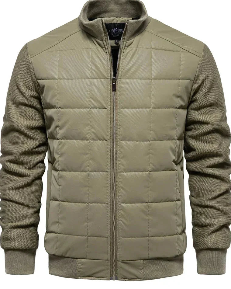 Men's Puffer Jacket – Black Quilted Stand Collar - Green detail