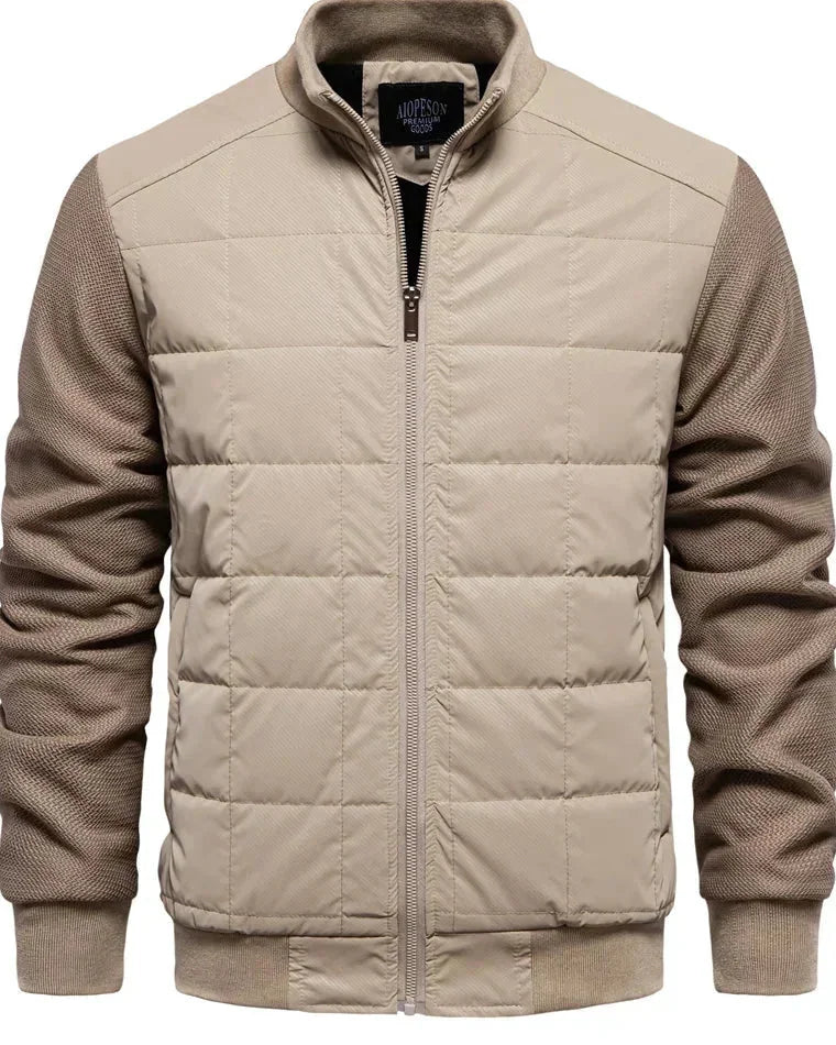 Men's Puffer Jacket – Black Quilted Stand Collar - Khaki detail
