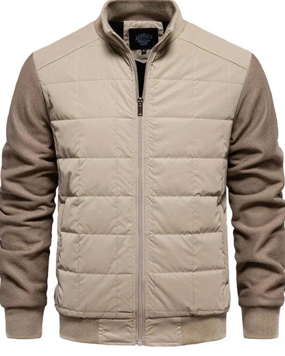 Men's Puffer Jacket – Black Quilted Stand Collar - Khaki detail
