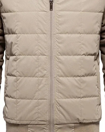 Men's Puffer Jacket – Black Quilted Stand Collar - Khaki detail