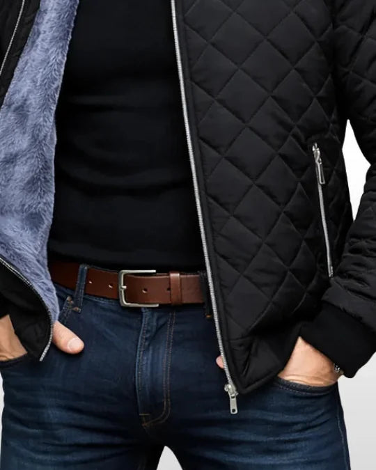 Men's Puffer Jacket – Navy Diamond Quilted - Black detail