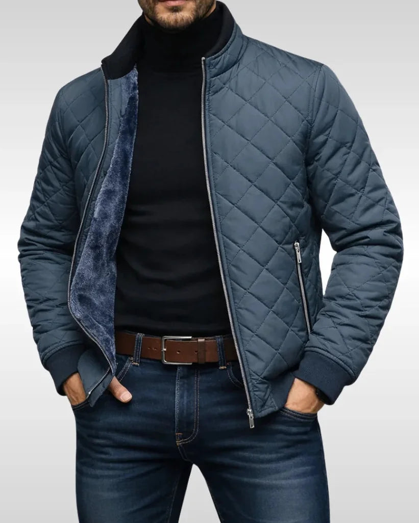 Men's Puffer Jacket – Navy Diamond Quilted - Grey detail