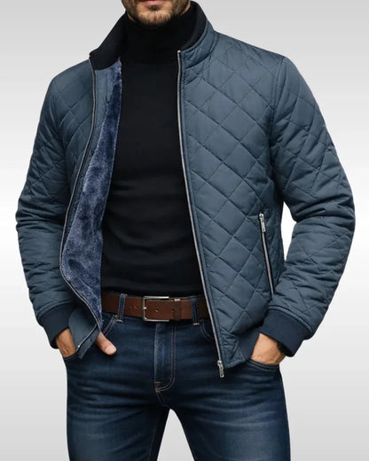 Men's Puffer Jacket – Navy Diamond Quilted - Grey detail