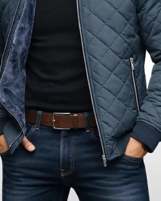 Men's Puffer Jacket – Navy Diamond Quilted - Grey detail