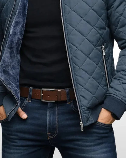 Men's Puffer Jacket – Navy Diamond Quilted - Grey detail