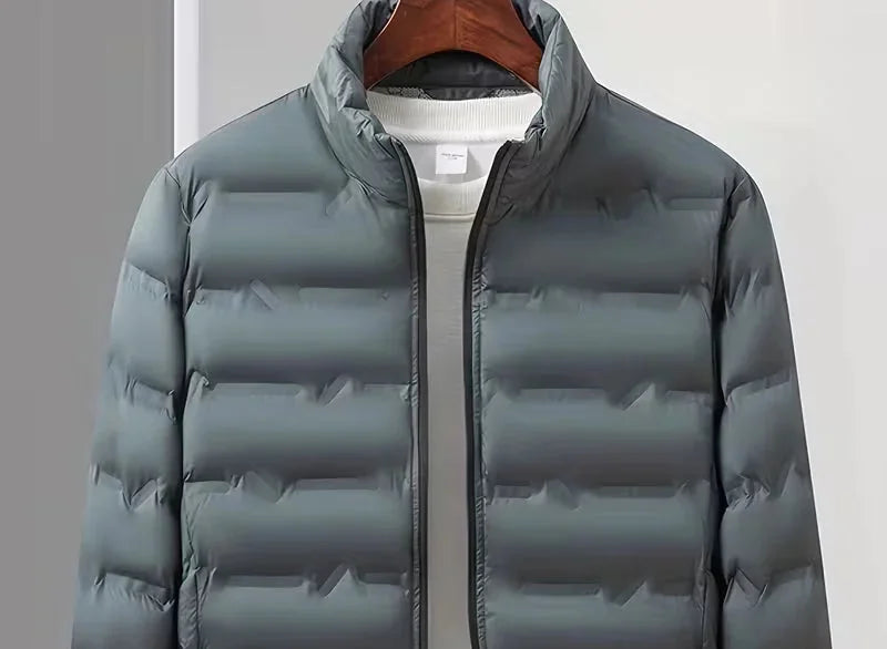 Men's Puffer Jacket – Navy Lightweight Stand Collar - Grey detail