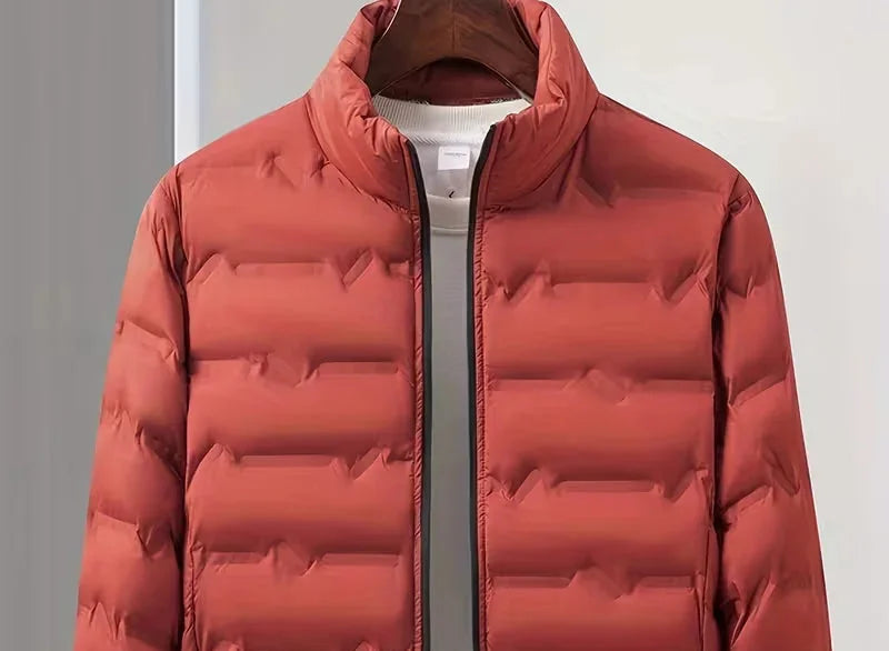 Men's Puffer Jacket – Navy Lightweight Stand Collar - Red detail