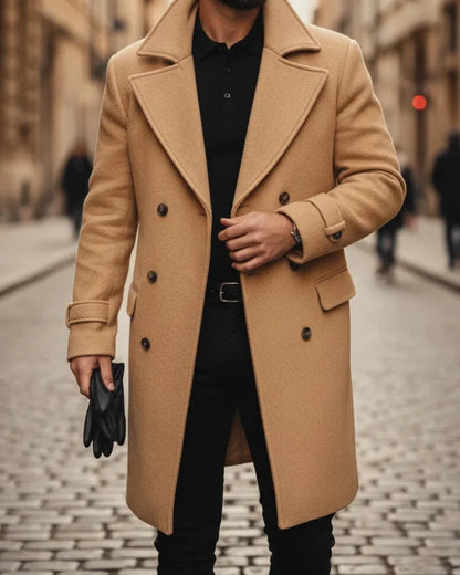Men's Wool Coat – Blue Double-Breasted Longline - Beige detail