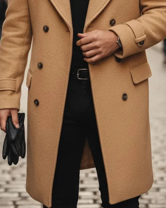 Men's Wool Coat – Blue Double-Breasted Longline - Beige detail