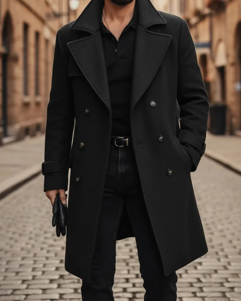 Men's Wool Coat – Blue Double-Breasted Longline - Black detail