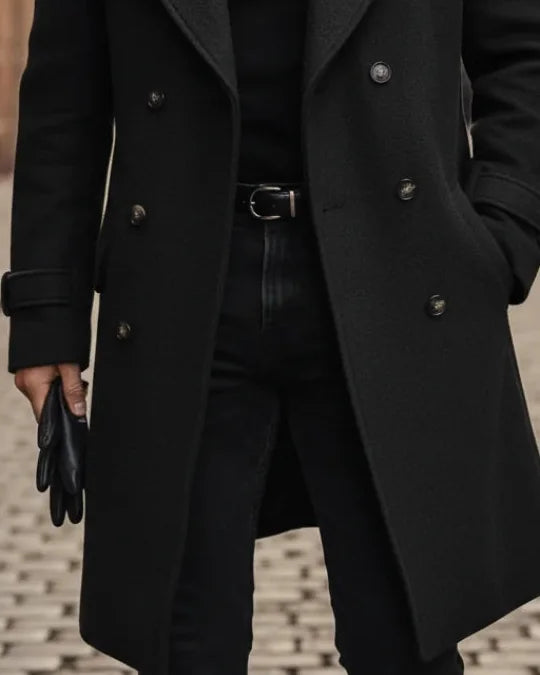 Men's Wool Coat – Blue Double-Breasted Longline - Black detail