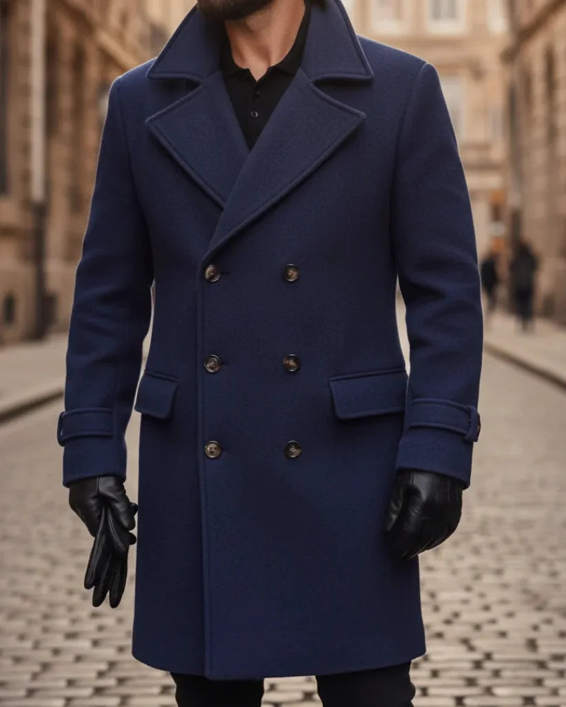 Men's Wool Coat – Blue Double-Breasted Longline - Blue detail