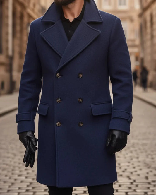 Men's Wool Coat – Blue Double-Breasted Longline - Blue detail